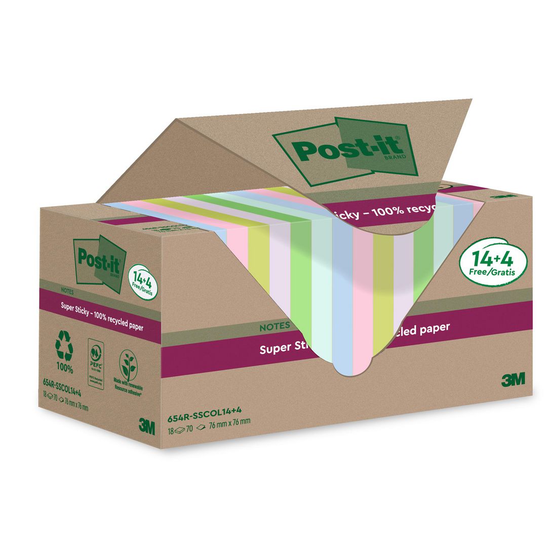 Post It Rulla Köp POST-IT Notes Super Sticky 76x76mm Recycled sorterade färger 18/fp