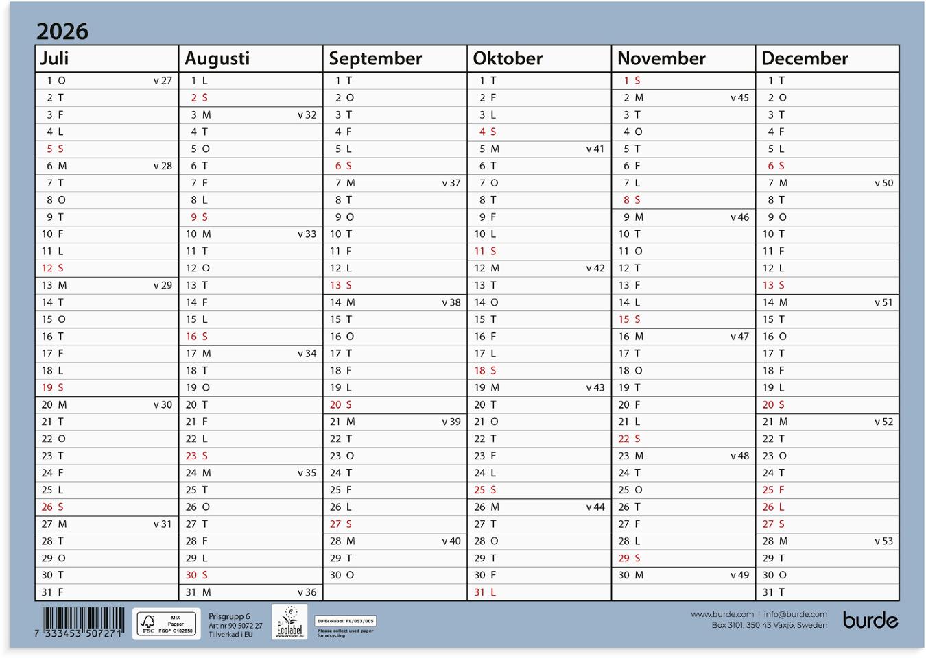 BURDE Väggkalender Väggblad A4 26/27 | Almanackor och kalendrar - Lärar och Elevkalendrar - Elevkalendrar | Kontorsexperten