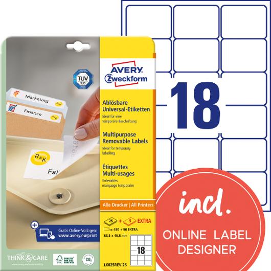 AVERY Etikett avtagbar 63,5x46,6mm 540/fp | Emballage och lagerutrustning - Etiketter och godsmärkning - Avtagbara och vattenfasta etiketter | Kontorsexperten