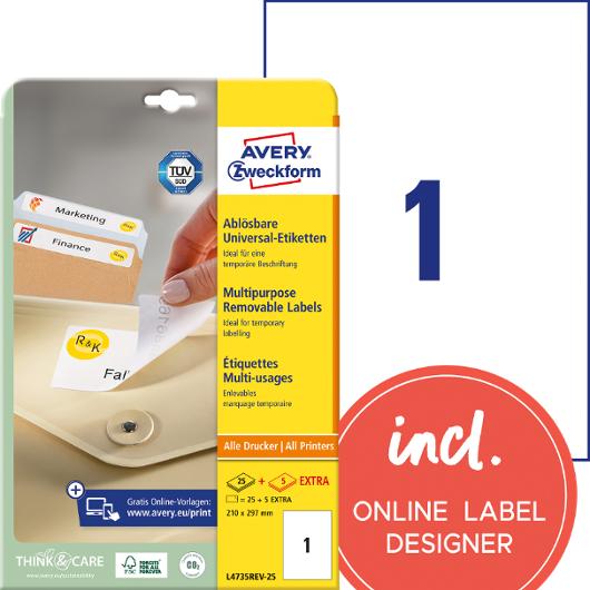 AVERY Etikett avtagbar 210x297mm 30/fp | Emballage och lagerutrustning - Etiketter och godsmärkning - Avtagbara och vattenfasta etiketter | Kontorsexperten