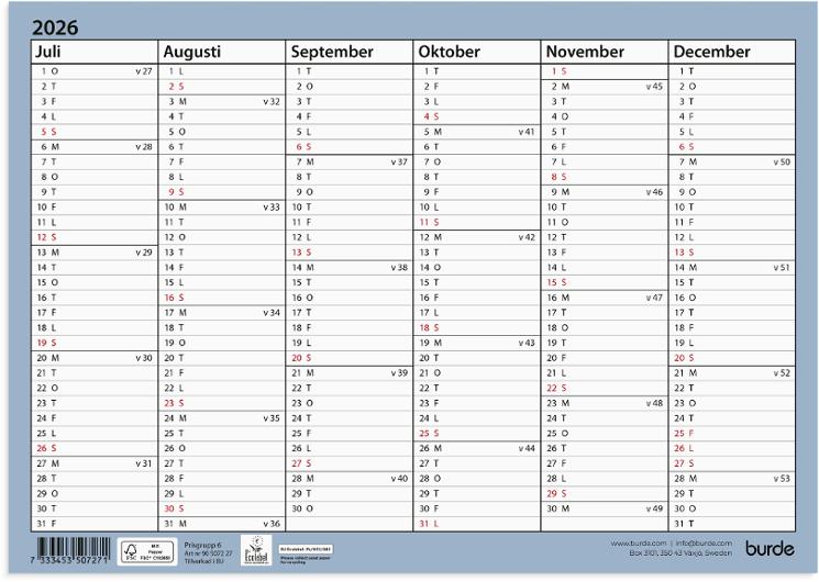 BURDE Väggkalender Väggblad A4 26/27 | Almanackor och kalendrar - Lärar och Elevkalendrar - Lärarkalendrar | Kontorsexperten