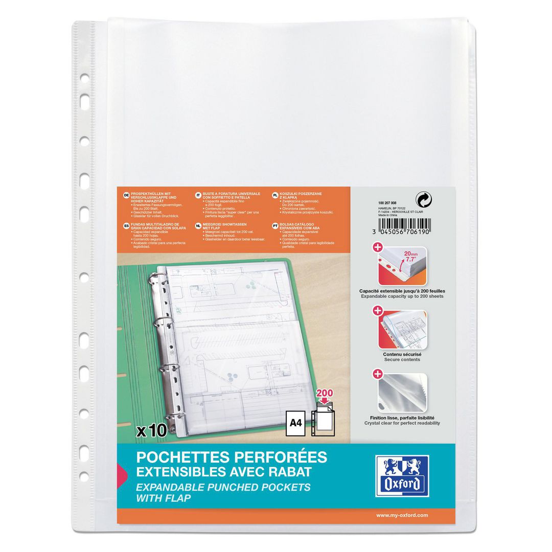 Oxford Plastficka, A4, stansad, 200 mikrometer, polypropylen, jämn, 11 hål, genomskinlig 10/fp | Kontorsmaterial - Mappar och plastfickor - Plastfickor - Bälg | Kontorsexperten