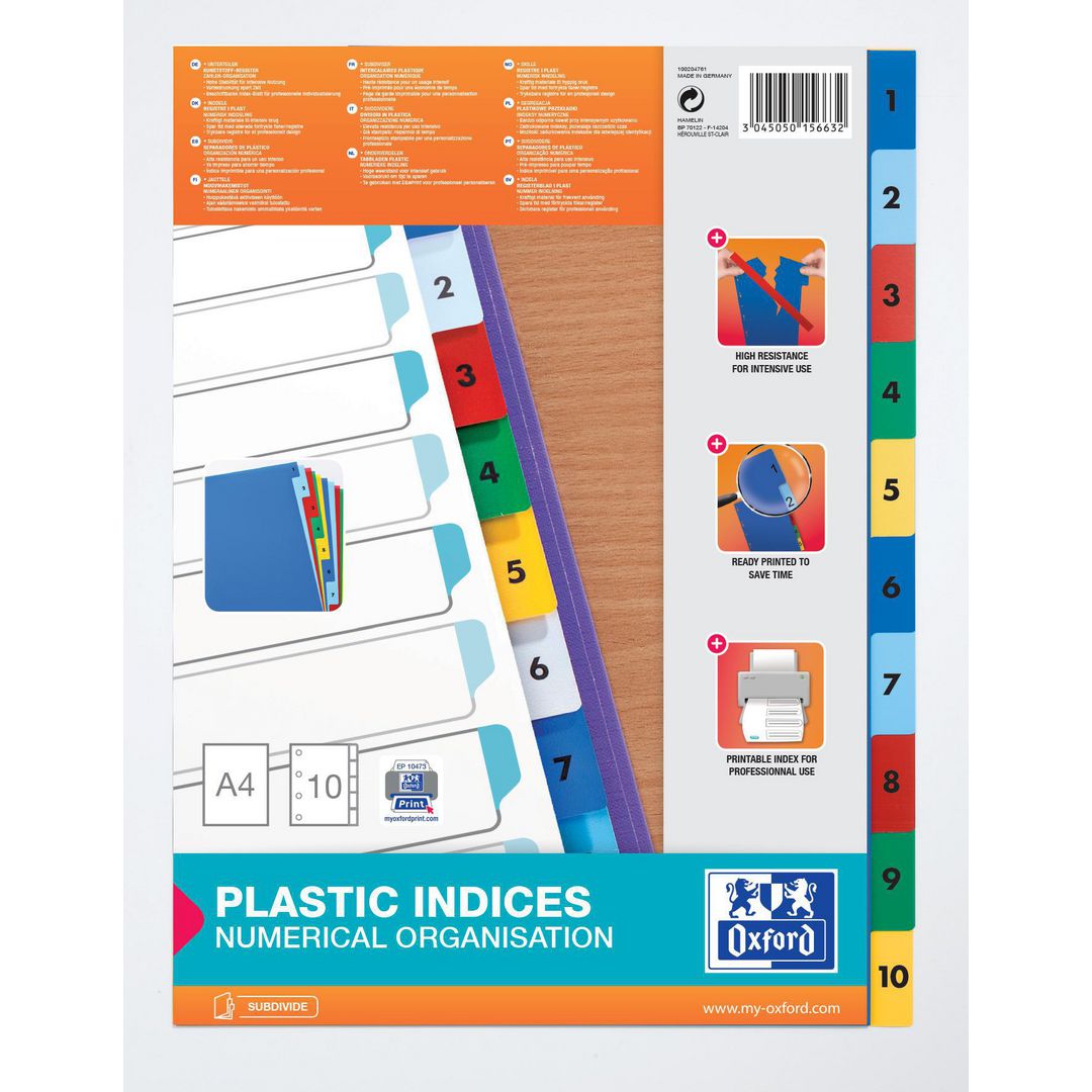 OXFORD Plastregister, polypropylen, 10 delar, 1-10, A4, olika färger | Kontorsmaterial - Pärmar och register - Plastregister - Tryckta | Kontorsexperten