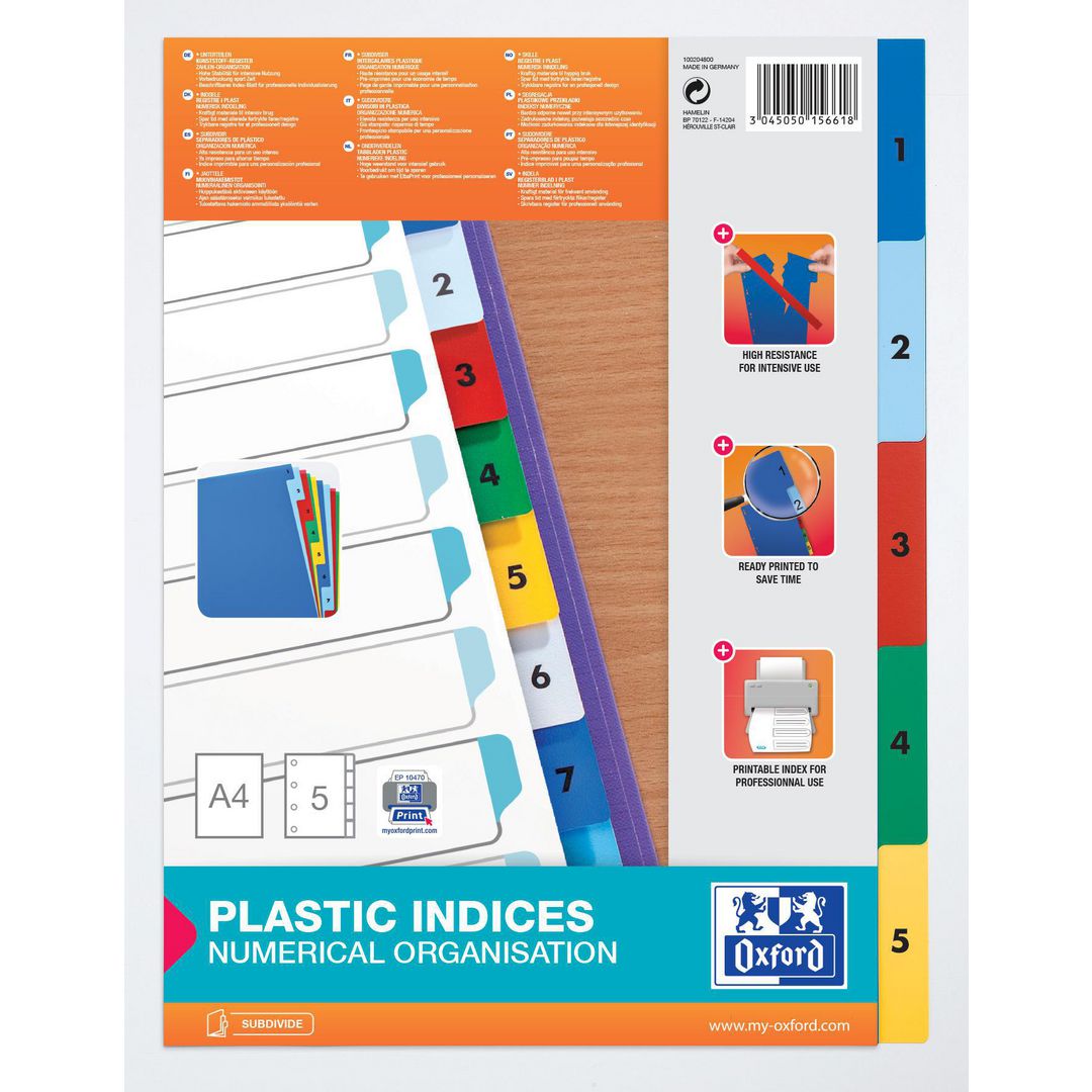 Oxford Plastregister, polypropylen, 5 delar, 1-5, A4, olika färger | Kontorsmaterial - Pärmar och register - Plastregister - Tryckta | Kontorsexperten