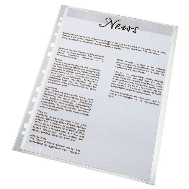 ESSELTE Plastficka, A4, stansad, 115 mikrometer, polypropylen, jämn, 11 hål, genomskinlig 100/fp | Kontorsmaterial - Mappar och plastfickor - Plastfickor - Öppen överkant | Kontorsexperten