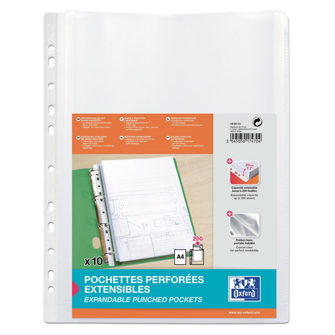 OXFORD Plastficka, A4, stansad, 200 mikrometer, polypropylen, jämn, 11 hål, genomskinlig 10/fp | Kontorsmaterial - Mappar och plastfickor - Plastfickor - Bälg | Kontorsexperten