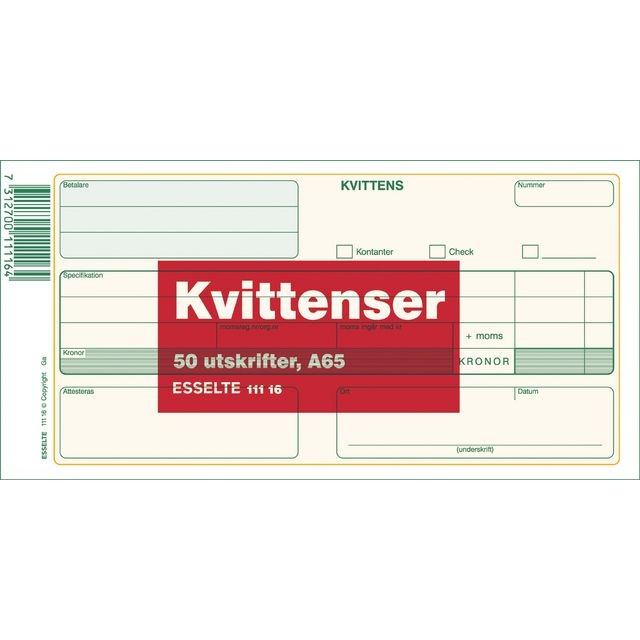 ESSELTE Blankett Kvittens A65 50 blad | Kontorsmaterial - Blanketter och bokföring - Blanketter | Kontorsexperten