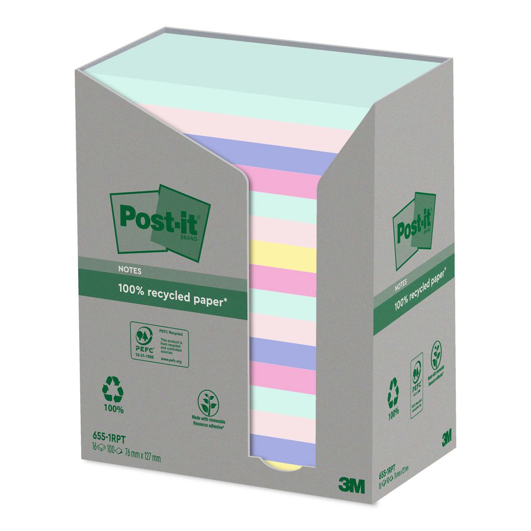 POST-IT Notes 100% recycled 76x127mm sorterade färger 16/fp | Kontorsmaterial - Notes och Post-It - Notes - Färgade | Kontorsexperten