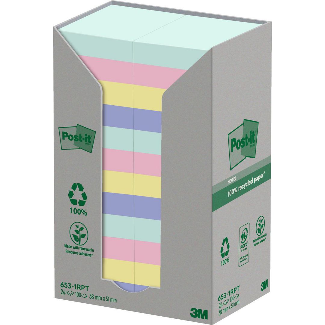 POST-IT Notes 100% recycled 38x51mm sorterade färger 24/fp | Kontorsmaterial - Notes och Post-It - Notes - Färgade | Kontorsexperten