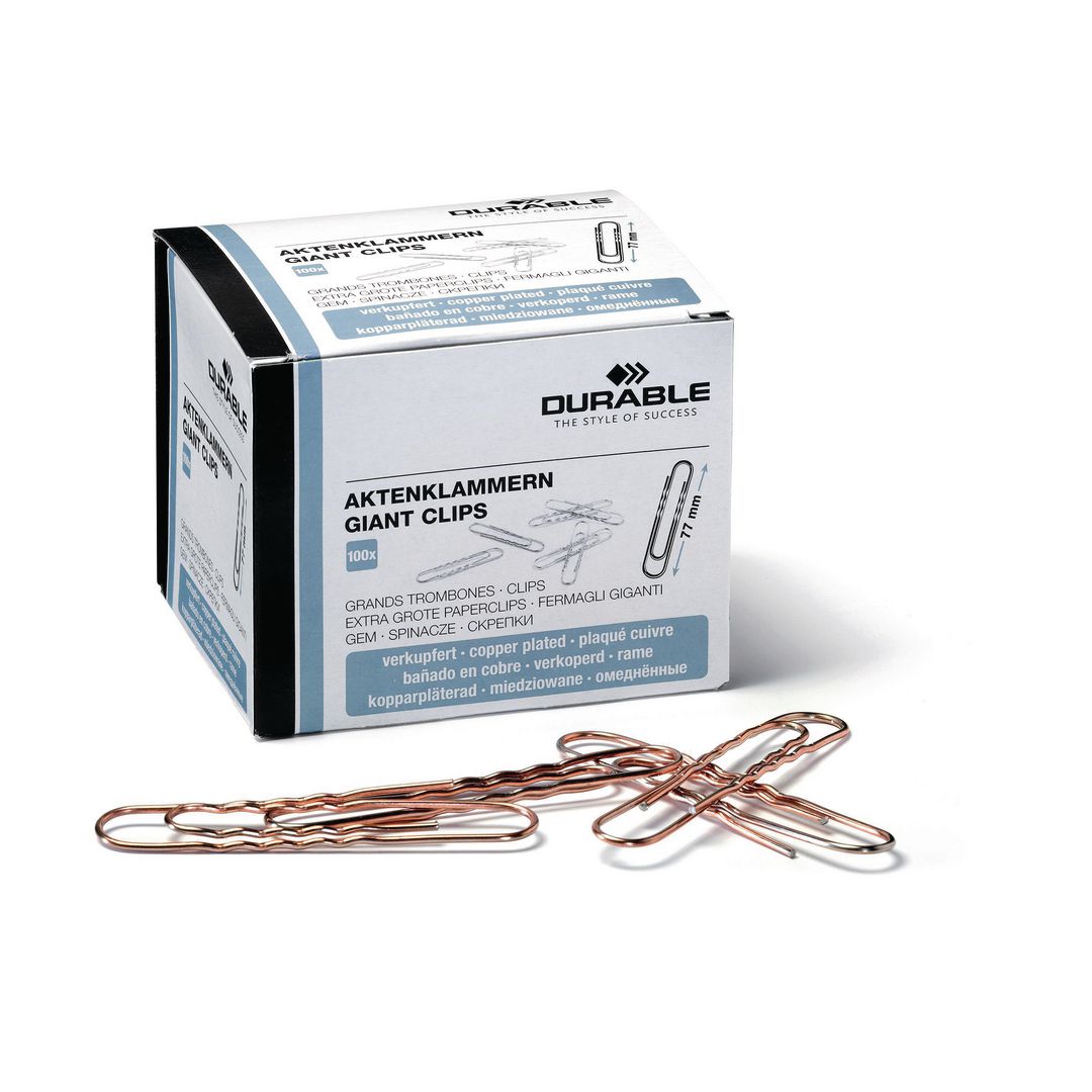 Durable Pappersklämmor, 77 mm, kopparbeläggning 100/fp | Kontorsmaterial - Till skrivbordet - Gem | Kontorsexperten