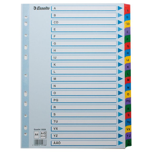 ESSELTE Avdelare, A4, polypropylen, A–Z flikuppsättning, olika färger | Kontorsmaterial - Pärmar och register - Kartongregister | Kontorsexperten