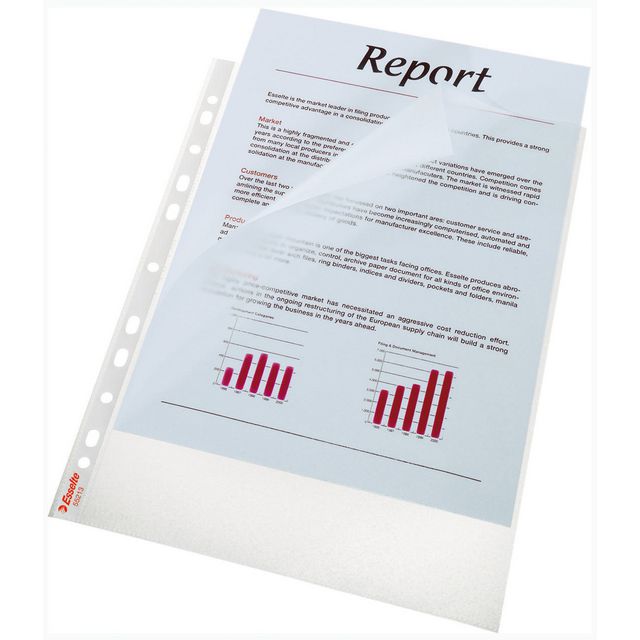 ESSELTE Plastficka, A4, stansad, 85 mikrometer, polypropylen, skrovlig, 11 hål, genomskinlig 100/fp | Kontorsmaterial - Mappar och plastfickor - Plastmappar och aktmappar | Kontorsexperten