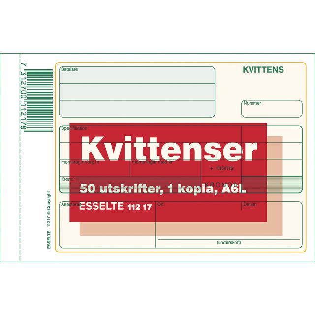 ESSELTE Blankett Kvittens A6L 2x50 blad | Kontorsmaterial - Blanketter och bokföring - Blanketter | Kontorsexperten