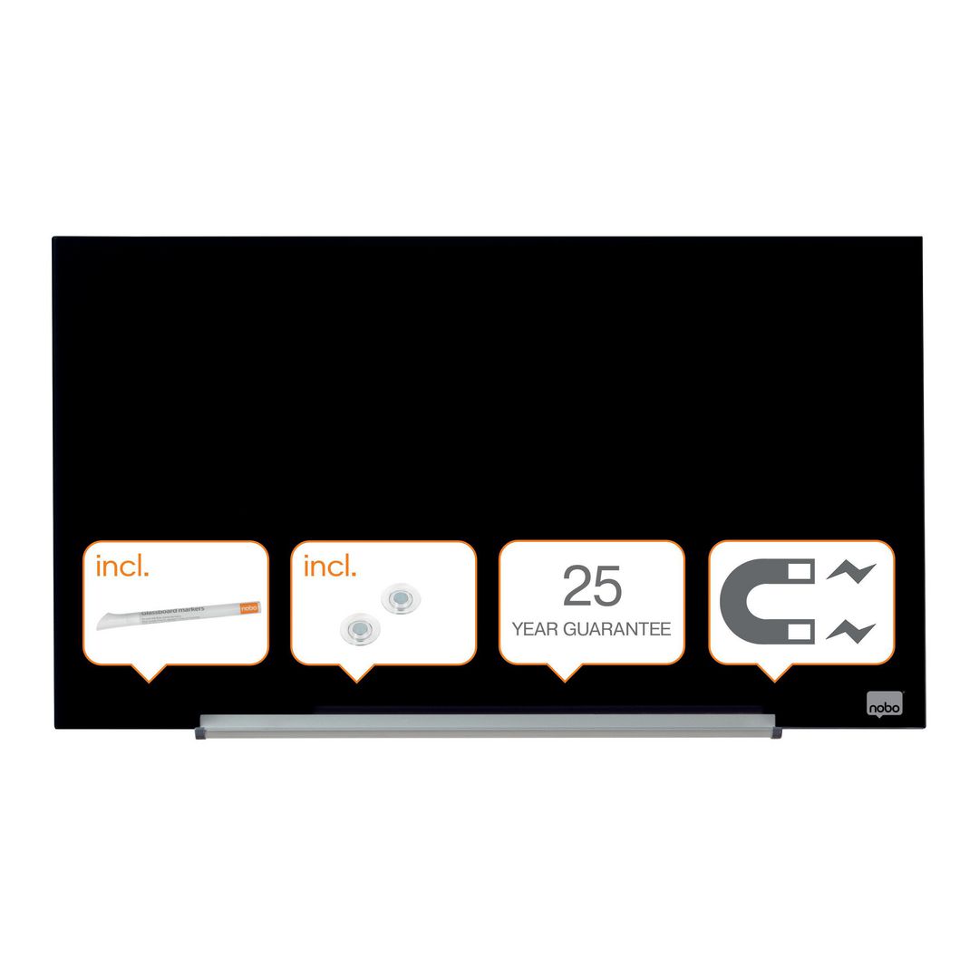 NOBO Whiteboard, Glastavla i widescreenformat, väggmonterad, magnetisk glasyta, 31``, svart | Kontorsmöbler och inredning - Whiteboardtavlor och tillbehör - Whiteboardtavlor - Glas | Kontorsexperten