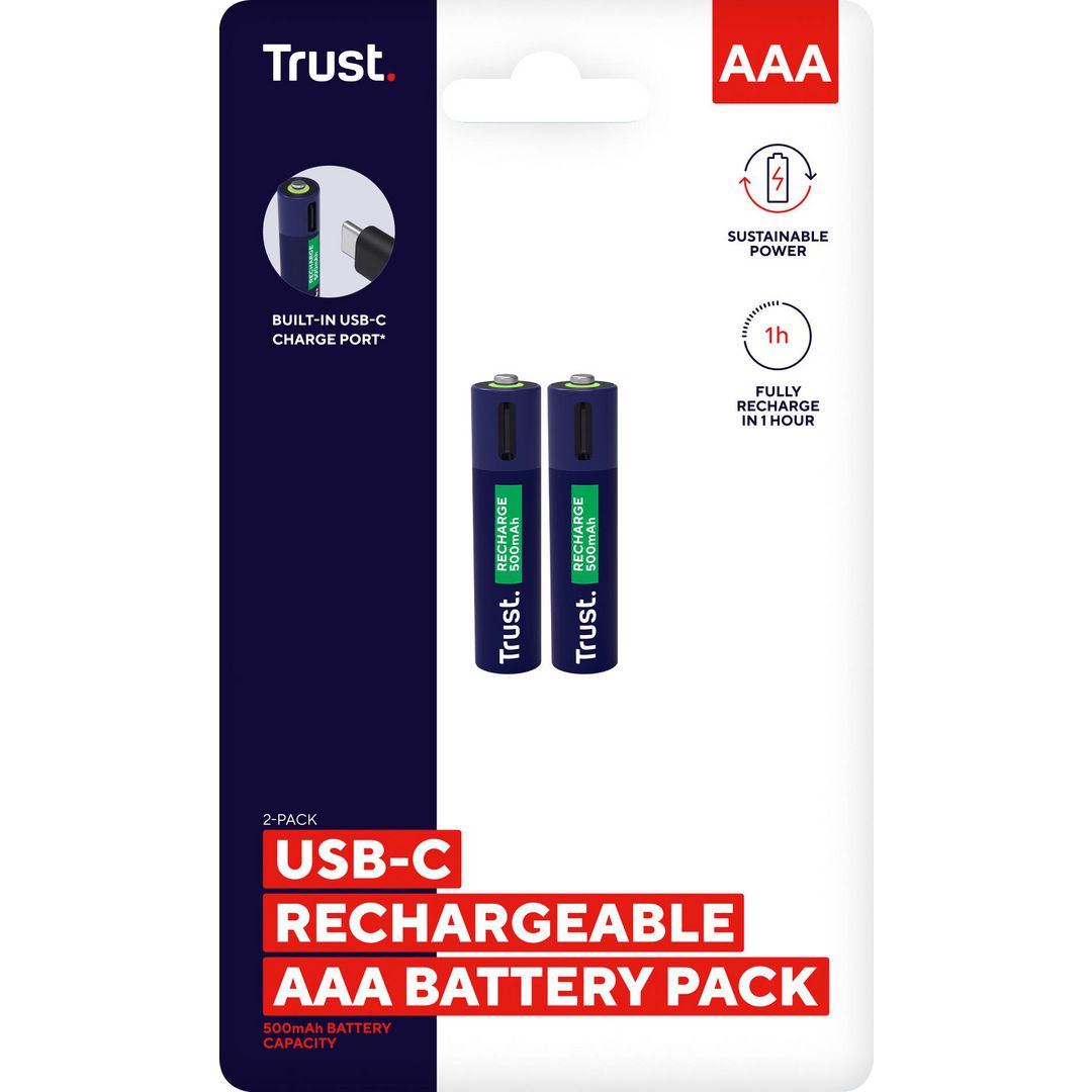 TRUST Batteri Laddbar TRUST AAA USB-C 2/fp | Kontorsmaskiner - Batterier - Uppladdningsbara | Kontorsexperten