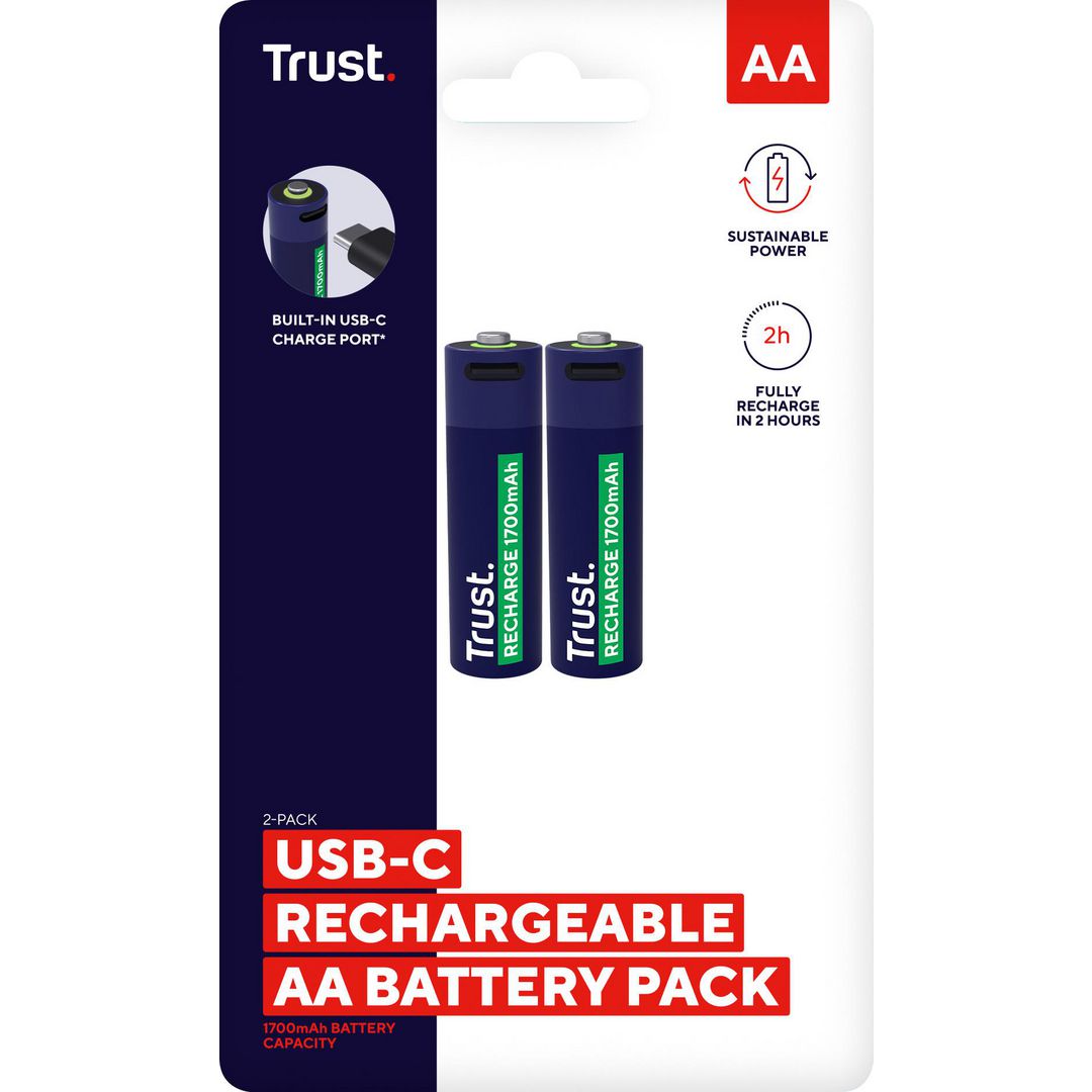 TRUST Batteri Laddbar TRUST AA USB-C 2/fp | Kontorsmaskiner - Batterier - Uppladdningsbara | Kontorsexperten