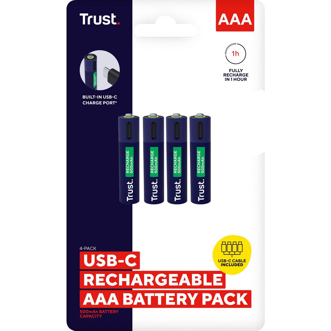 TRUST Batteri Laddbar TRUST AAA USB-C 4/fp inkl. laddare | Kontorsmaskiner - Batterier - Uppladdningsbara | Kontorsexperten