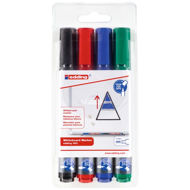EDDING Whiteboardpenna 363 snedskuren spets 1–5mm 4/fp | Kontorsmaterial - Pennor - Whiteboardpennor - Skuren spets | Kontorsexperten