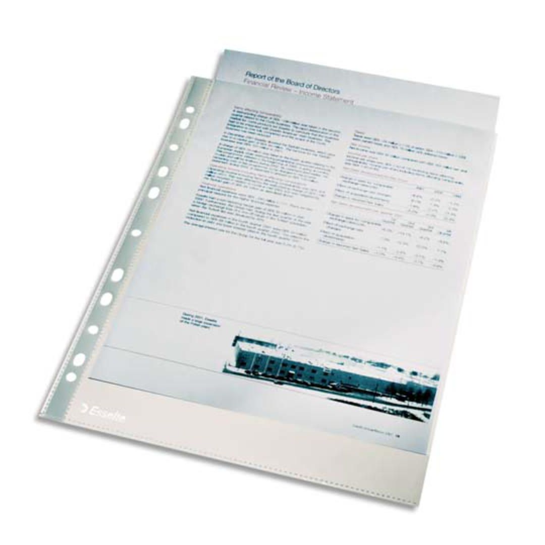 ESSELTE Plastficka, Economy A4, stansad, 40 mikrometer, polypropylen, jämn, 11 hål, genomskinlig 100/fp | Kontorsmaterial - Mappar och plastfickor - Plastfickor - Öppen överkant | Kontorsexperten