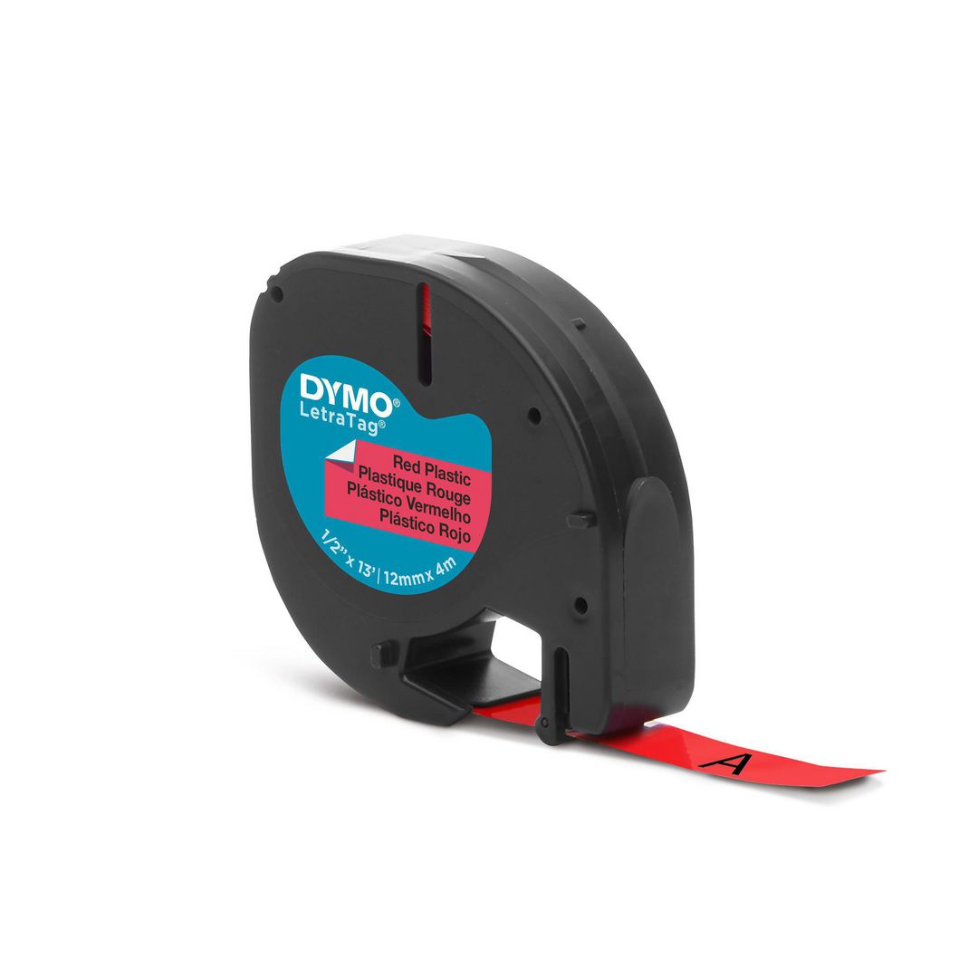 DYMO Tape LetraTag plast 12mm svart på röd | Kontorsmaskiner - Märkmaskiner och tape - Tape - Dymo LetraTag | Kontorsexperten