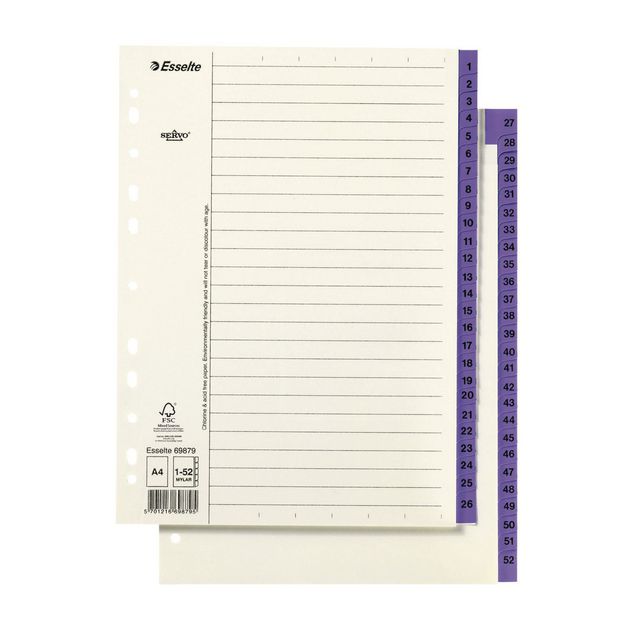 ESSELTE Pappregister Servo A4 1-52 lila | Kontorsmaterial - Pärmar och register - Servoregister | Kontorsexperten