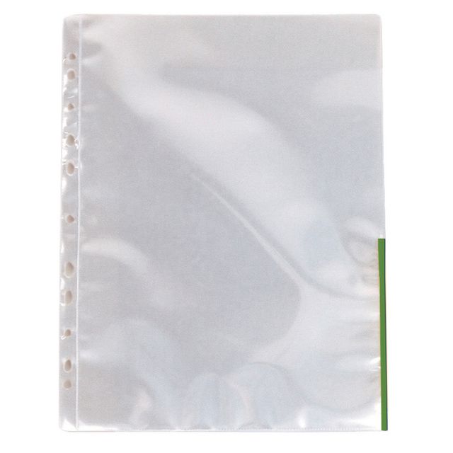 ESSELTE Plastficka signal, A4, stansad, 105 mikrometer, polypropylen, jämn, 11 hål, genomskinlig med gröna remsor 100/fp | Kontorsmaterial - Mappar och plastfickor - Plastfickor - Signal | Kontorsexperten