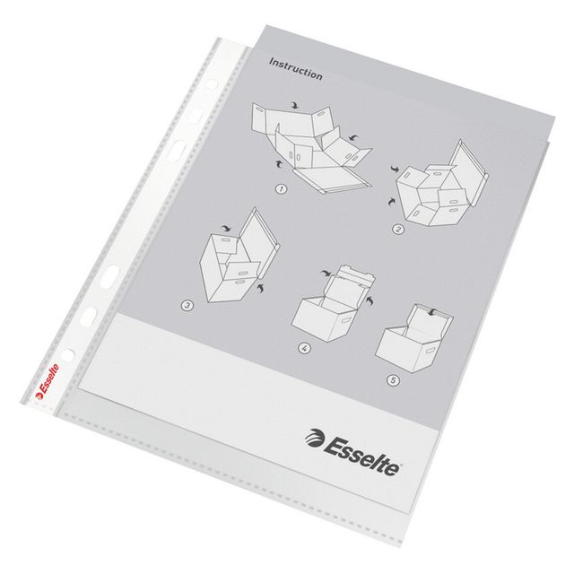 ESSELTE Plastficka, A5, stansad, 80 mikrometer, polypropylen, jämn, universalhålning, genomskinlig präglad 100/fp | Kontorsmaterial - Mappar och plastfickor - Plastfickor - Öppen överkant | Kontorsexperten