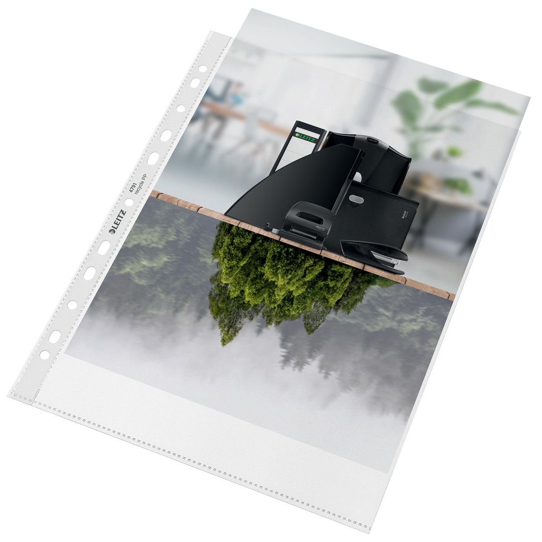 LEITZ Plastficka recycled stansad PP A4 0,09 A4 transparent 100/fp | Kontorsmaterial - Mappar och plastfickor - Plastfickor - Öppen överkant | Kontorsexperten