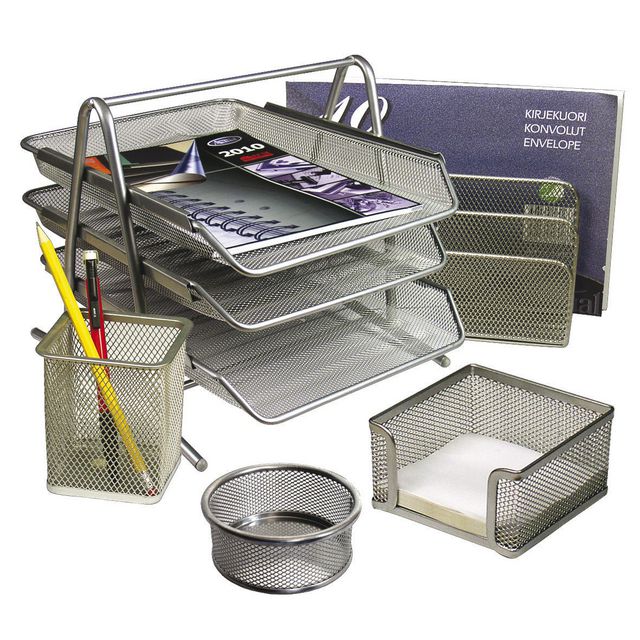 Skrivbordsset, metalltråd, 5-delars set, silver och grå | Kontorsmaterial - Till skrivbordet - Brevkorgar | Kontorsexperten