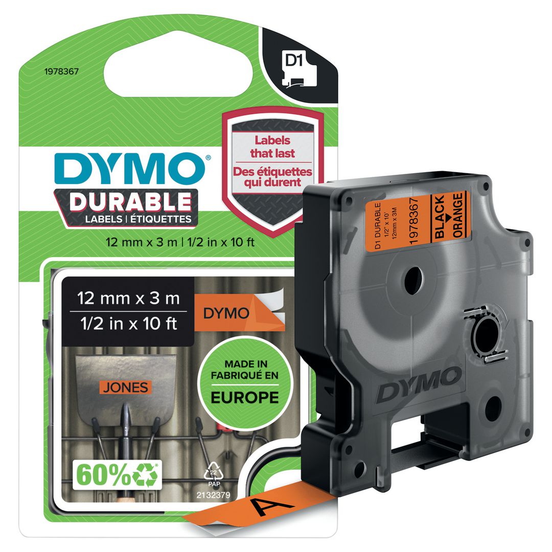 DYMO Tape Durable D1 12mm svart på orange | Kontorsmaskiner - Märkmaskiner och tape - Tape - Dymo D1 | Kontorsexperten