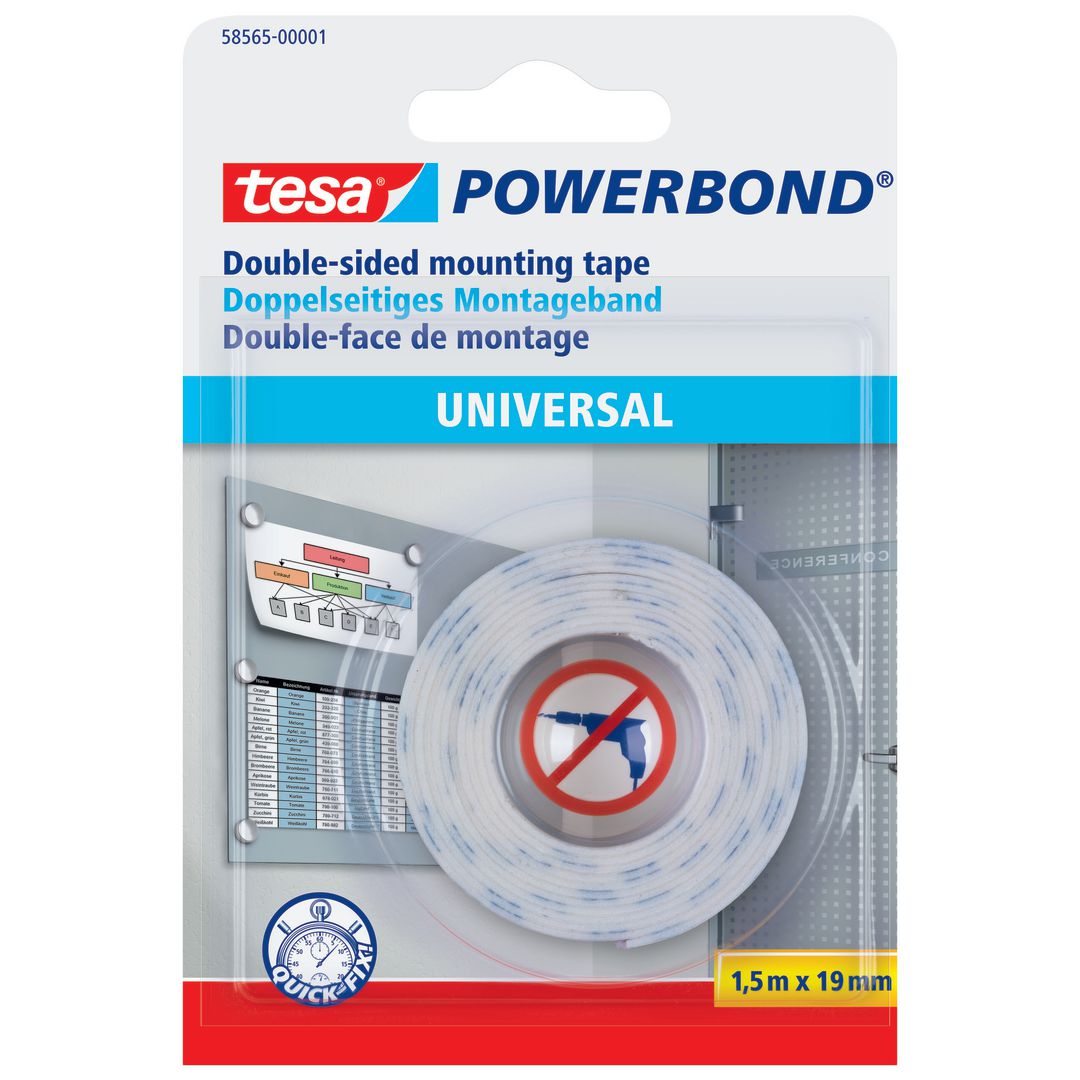 TESA Dubbelsidig fästtejp, Powerbond® Universal, vit, 19 mm x 1,5 m, 58565 | Kontorsmaterial - Tejp lim och häftmassa - Tejp - Dubbelhäftande | Kontorsexperten