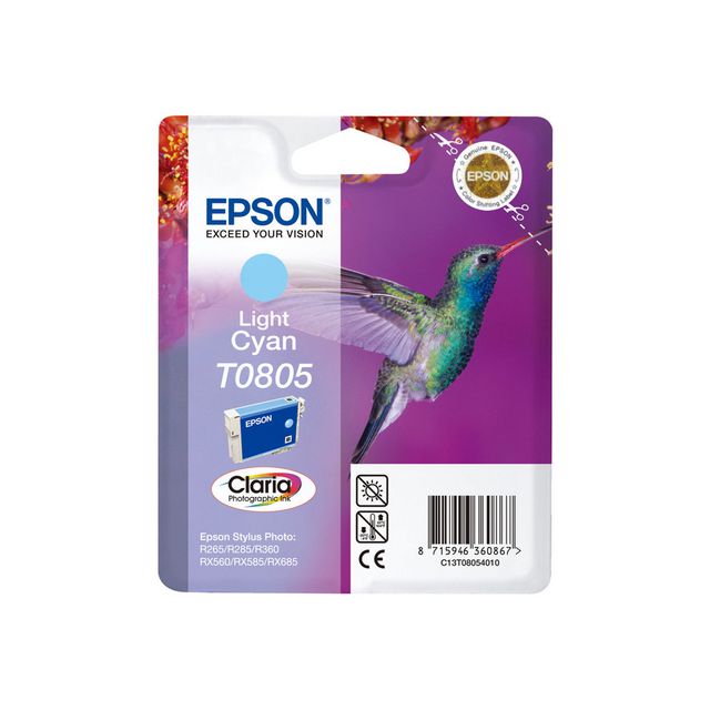 Epson Bläckpatron T0805, C13T08054010 Hummingbird, Claria Photographic-bläck, ljus cyan, singelförpackning | Toner och bläck - Bläckpatroner - Bläckpatroner Epson | Kontorsexperten