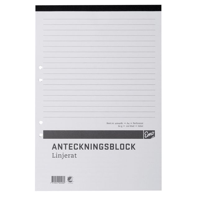 Anteckningsblock A4 100 blad linjerat hålat perforerat | Kontorsmaterial - Block och anteckningsböcker - Anteckningsblock | Kontorsexperten