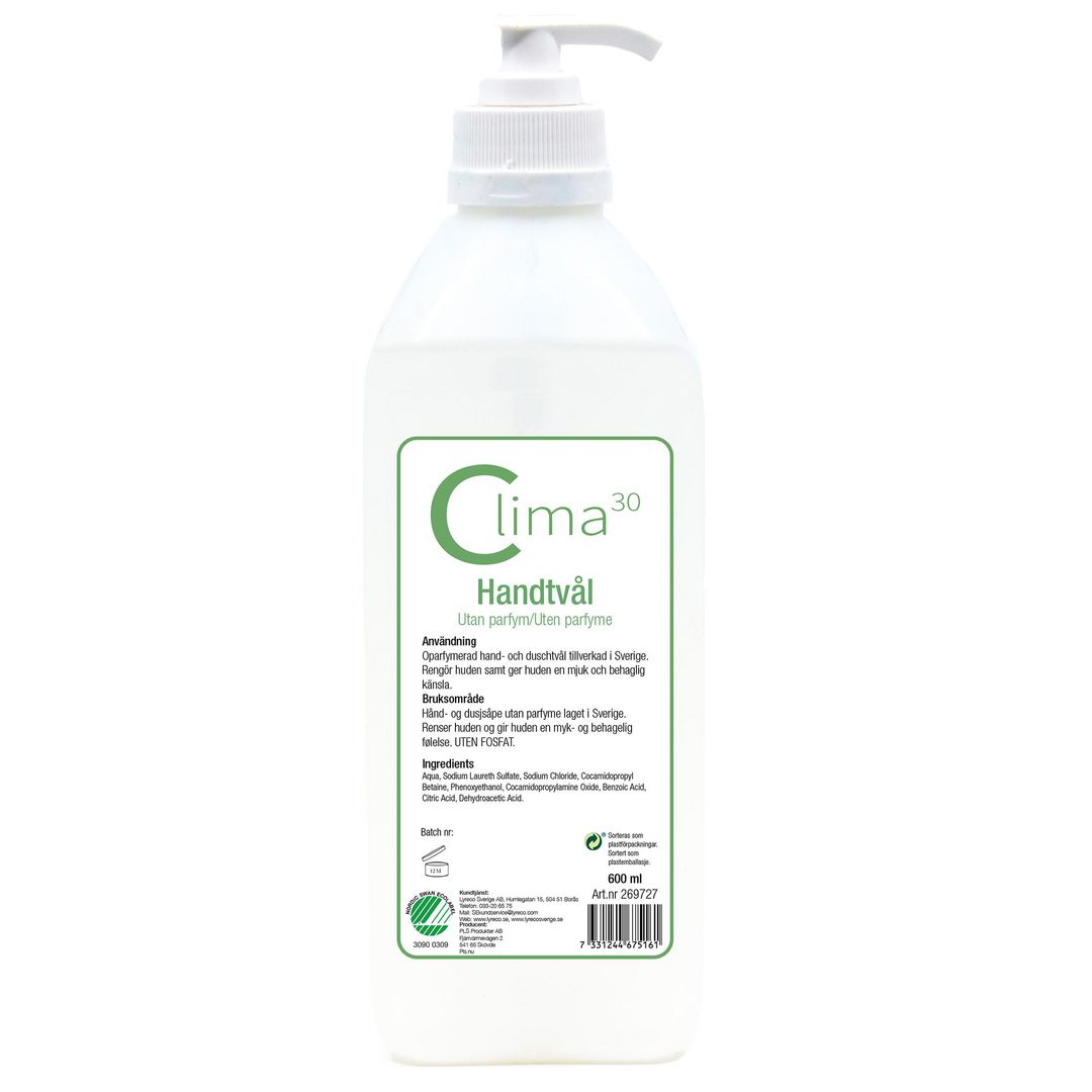 CLIMA30 Handtvål med pump oparfymerad 600ml | Städ och hygien - Tvål och hygien - Tvål - Flytande | Kontorsexperten