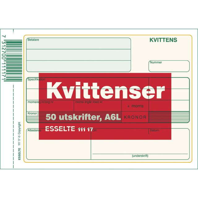 ESSELTE Blankett kvittens A6L 50 blad | Kontorsmaterial - Blanketter och bokföring - Blanketter | Kontorsexperten