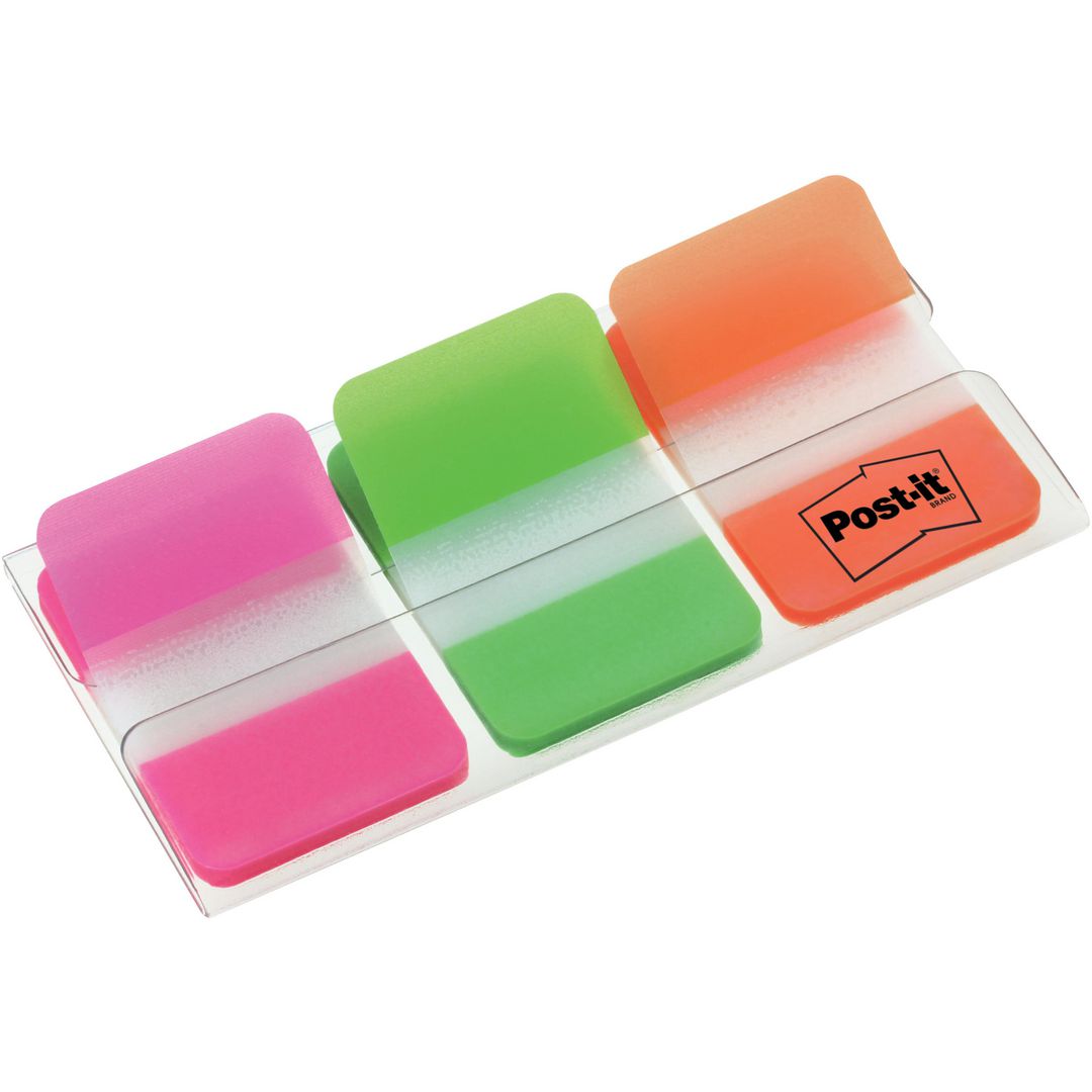 POST-IT Indexflikar Strong små, 25,4 x 38 mm, olika färger, 3 x 22-pack med hylshållare | Kontorsmaterial - Indexflikar och märkflikar - Indexflikar i plast | Kontorsexperten