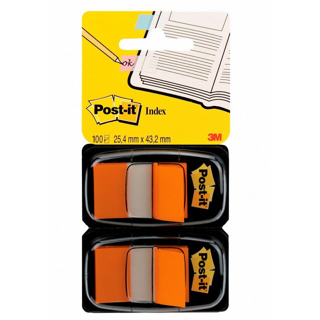 POST-IT Indexflikar, medium 25,4 x 43,2 mm, orange, 2 x 50 dubbelförpackning, med hållare | Kontorsmaterial - Indexflikar och märkflikar - Indexflikar i plast | Kontorsexperten
