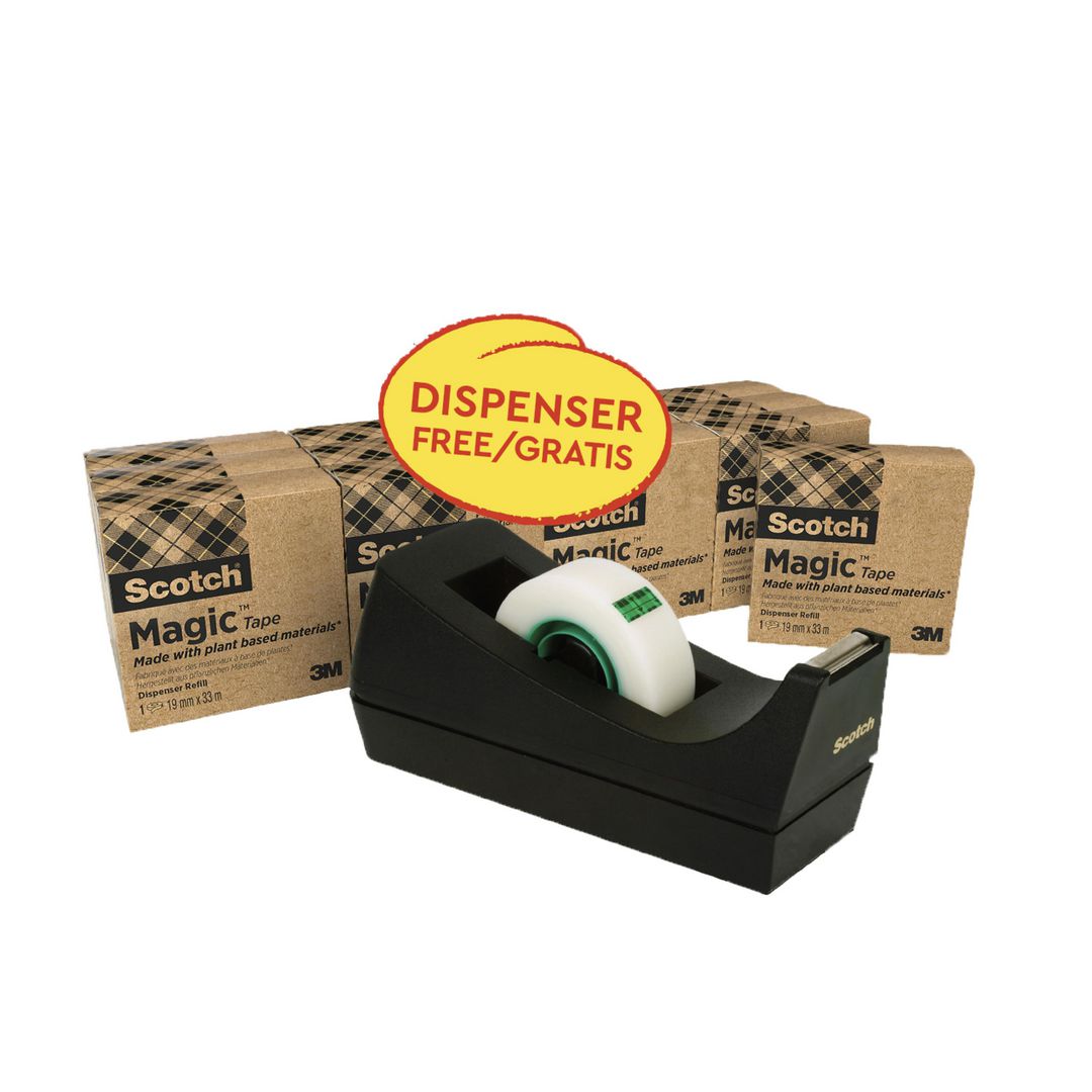 SCOTCH C38 skrivbordstejphållare, svart + Magic™ tejp genomskinlig 19mm x 33m 14-pack | Kontorsmaterial - Tejp lim och häftmassa - Tejp - Dokument | Kontorsexperten
