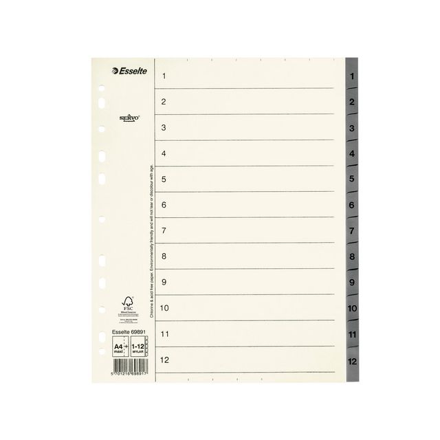 ESSELTE Pappregister System Servo A4+ 1-12 grå | Kontorsmaterial - Pärmar och register - Servoregister | Kontorsexperten