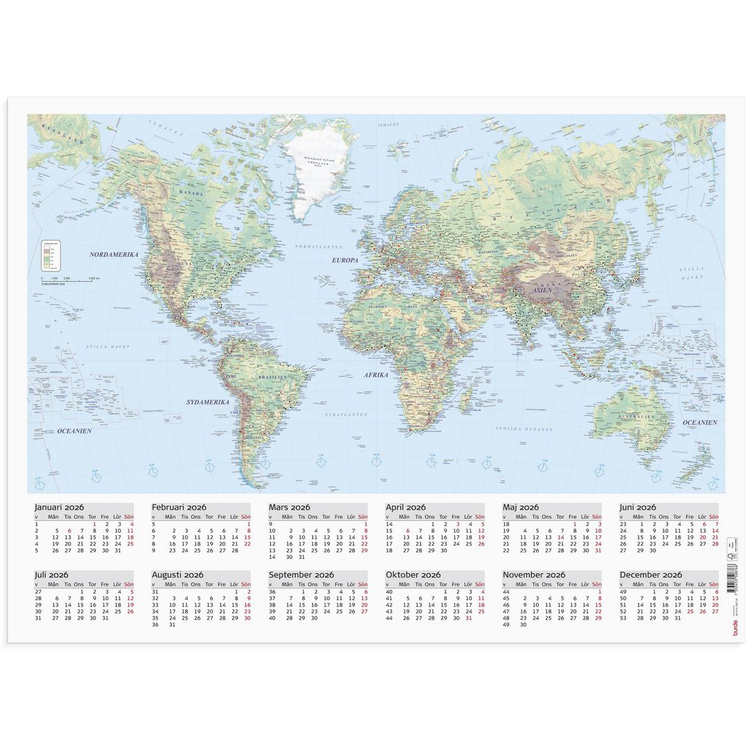 Burde Väggblad Världskarta 2026 | Almanackor och kalendrar - Väggkalendrar - Väggblad | Kontorsexperten