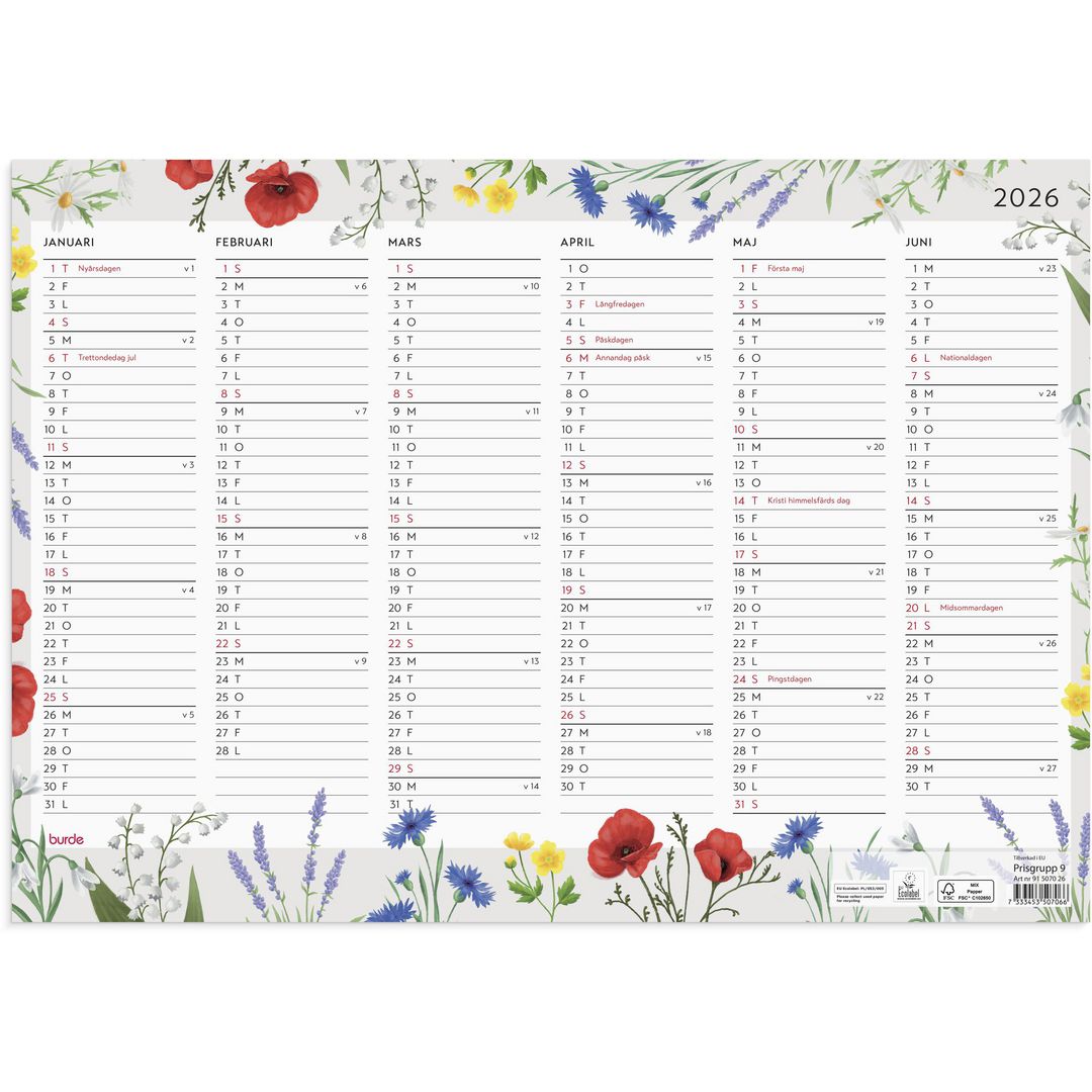 Burde Väggblad Blomster 2026 | Almanackor och kalendrar - Väggkalendrar - Väggblad | Kontorsexperten