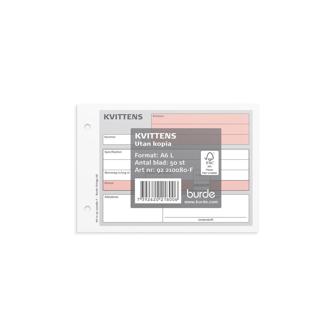 BURDE Blankett kvittens A6L 50 blad | Kontorsmaterial - Blanketter och bokföring - Blanketter | Kontorsexperten