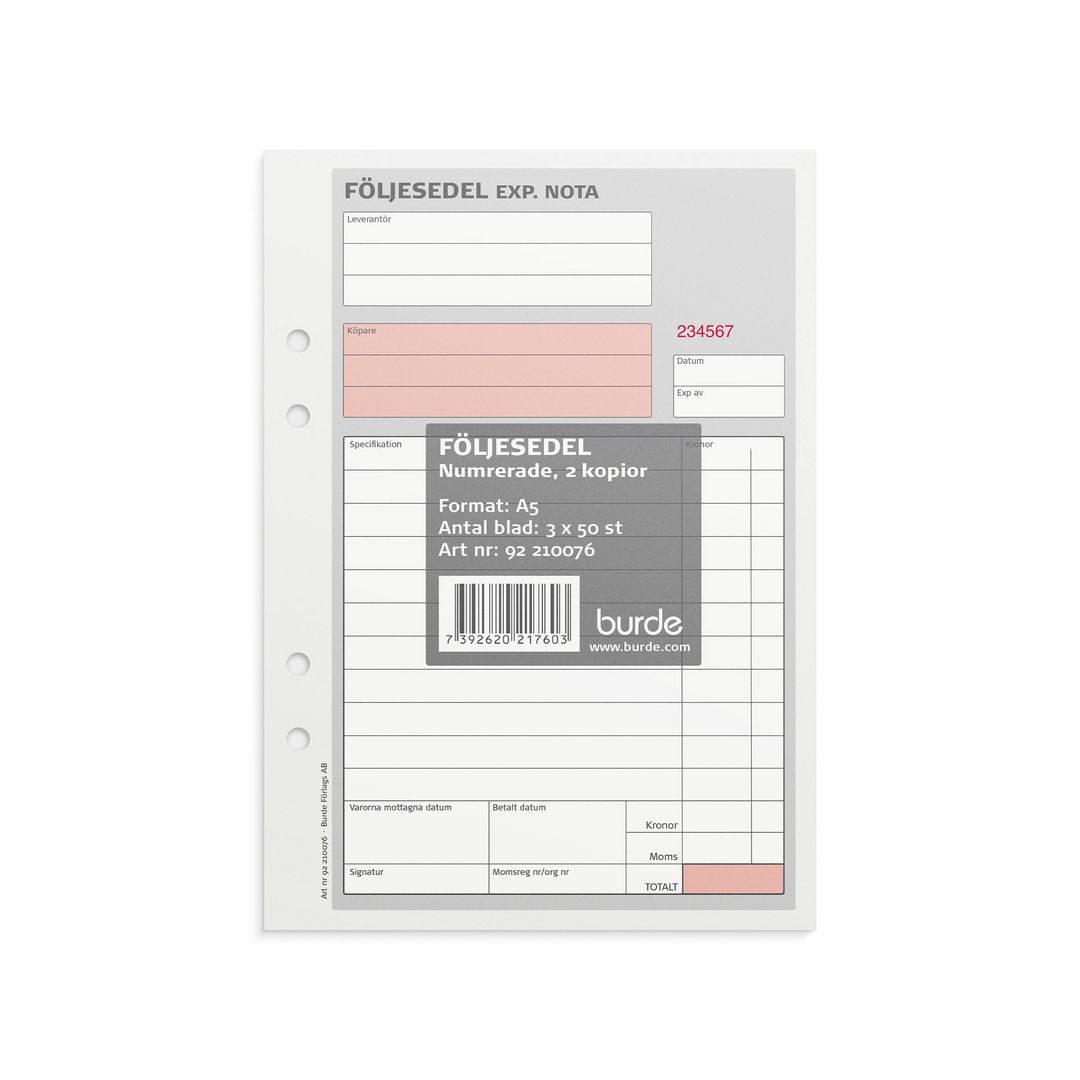 BURDE Blankett följesedel A5 3x50 block numrerat | Kontorsmaterial - Blanketter och bokföring - Blanketter | Kontorsexperten