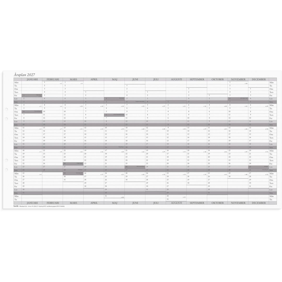 Burde Väggkalender Årsplan 2027 5/fp | Almanackor och kalendrar - Väggkalendrar - Väggblad | Kontorsexperten