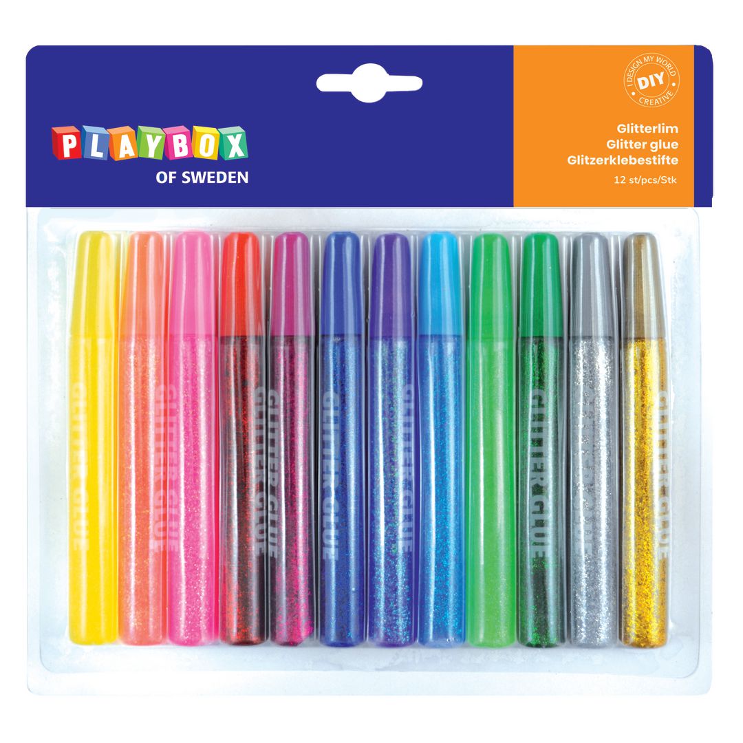 PLAYBOX Glitterlim 12 färger | Skola och förskola - Hobbymaterial - Paljetter, strössel och glitterlim | Kontorsexperten