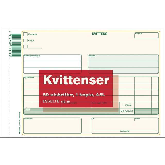 ESSELTE Blankett Kvittens A5L 2x50 blad | Kontorsmaterial - Blanketter och bokföring - Blanketter | Kontorsexperten