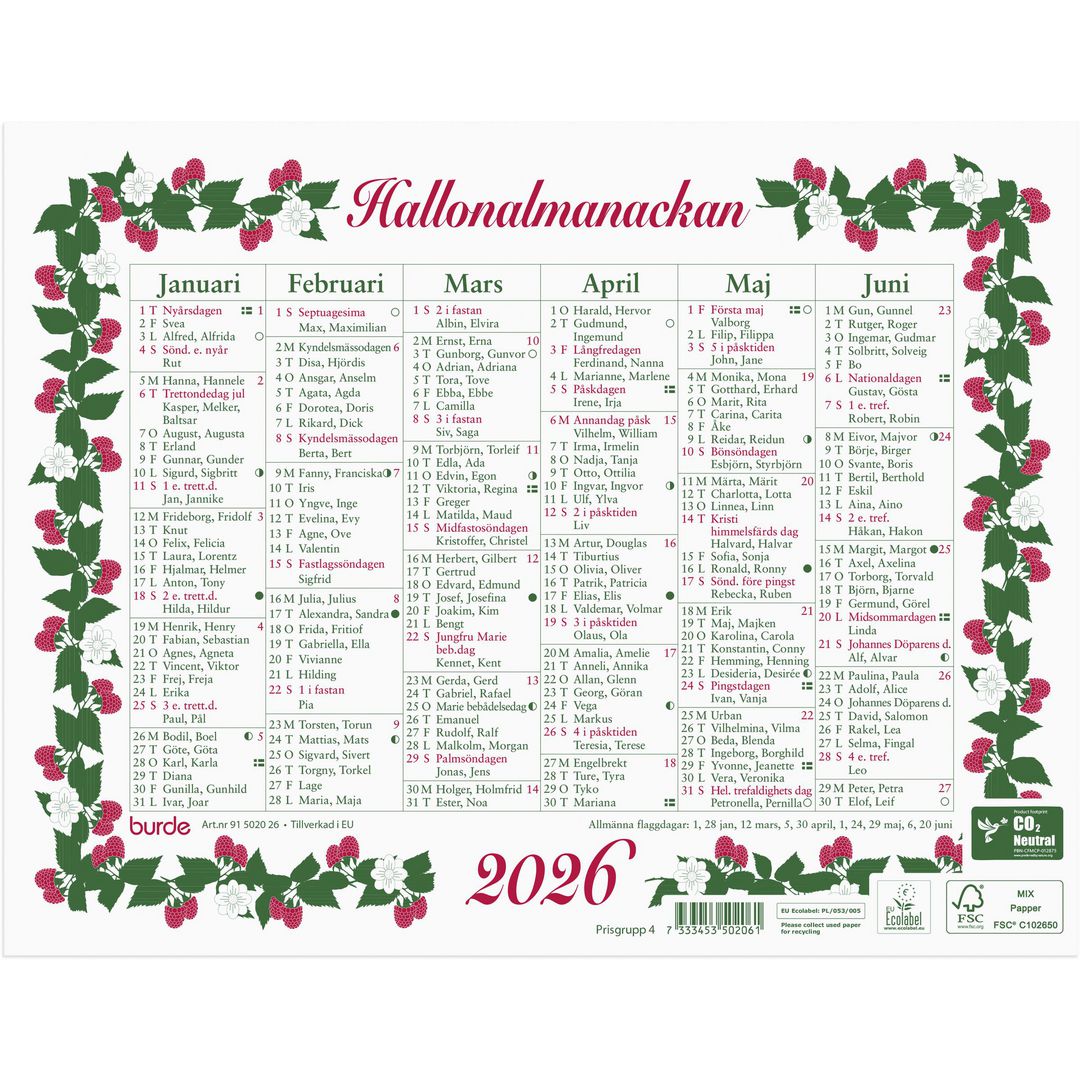 Burde Väggkalender Lilla Hallonalmanackan 2026 | Almanackor och kalendrar - Väggkalendrar - Väggblad | Kontorsexperten