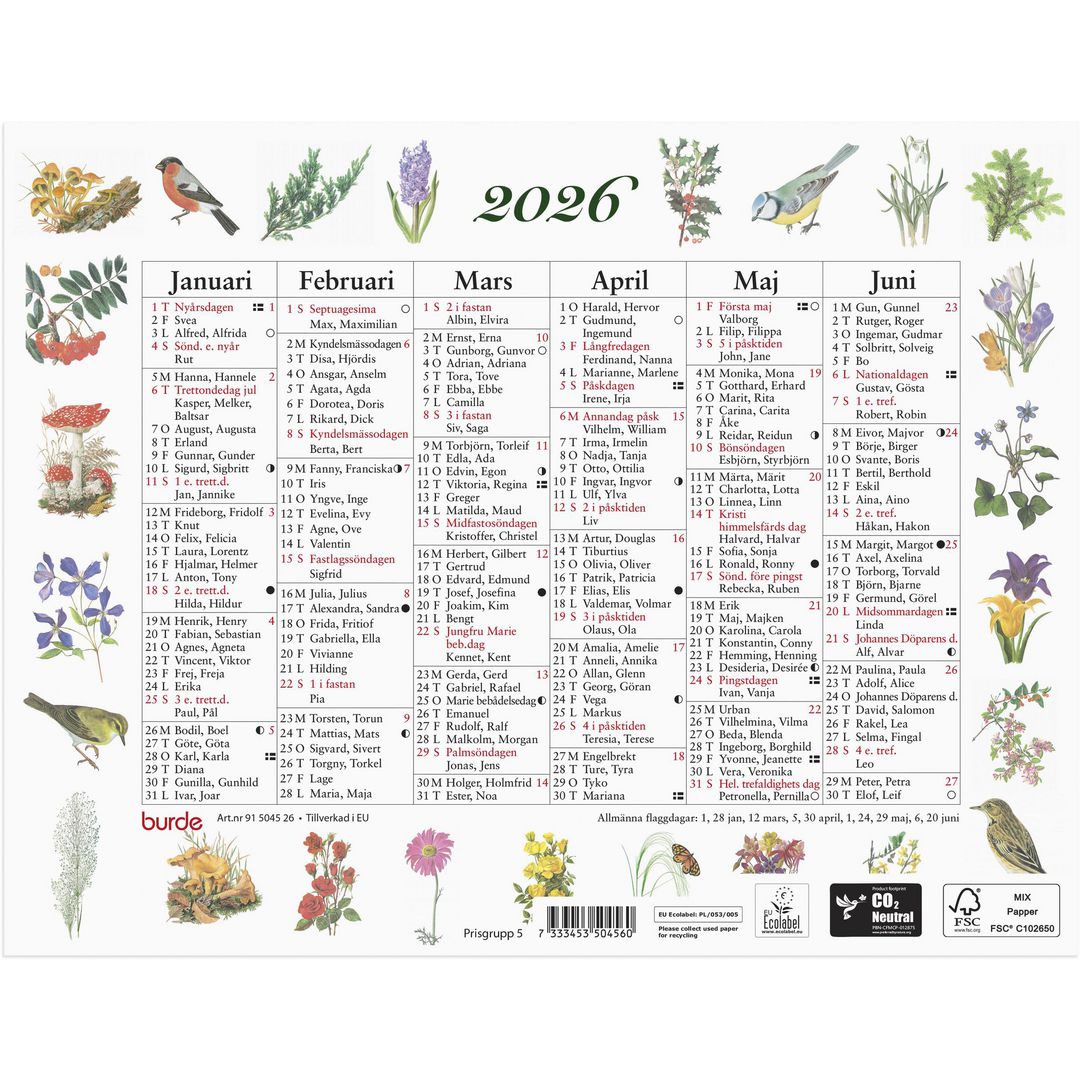 Burde Väggkalender Lilla Naturalmanackan 2026 | Almanackor och kalendrar - Väggkalendrar - Väggblad | Kontorsexperten