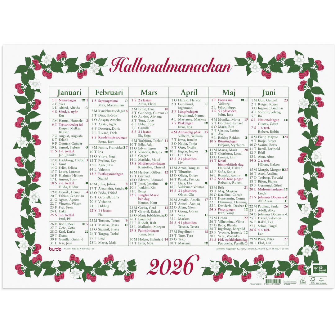 Burde Väggkalender Stora Hallonalmanackan 2026 | Almanackor och kalendrar - Väggkalendrar - Väggblad | Kontorsexperten