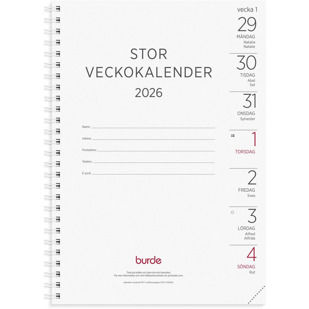 Burde Stor Veckokalender refill 2026 | Almanackor och kalendrar - Veckokalendrar - Stora veckokalendrar | Kontorsexperten